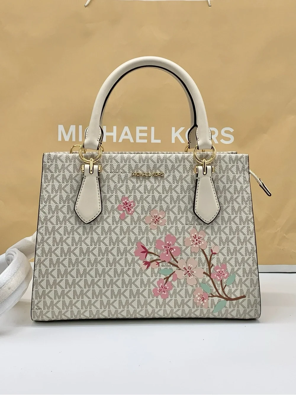 Michael Kors Marilyn medium LigCream Signature Satchel with Pink Floral Accents